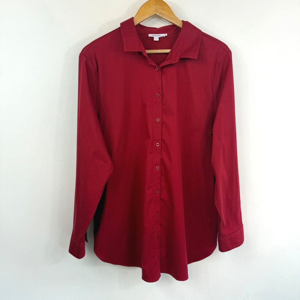 Chico's Red Button Down Shirt Size 3 US 16 XL Stretch Cotton Classic Preppy Work